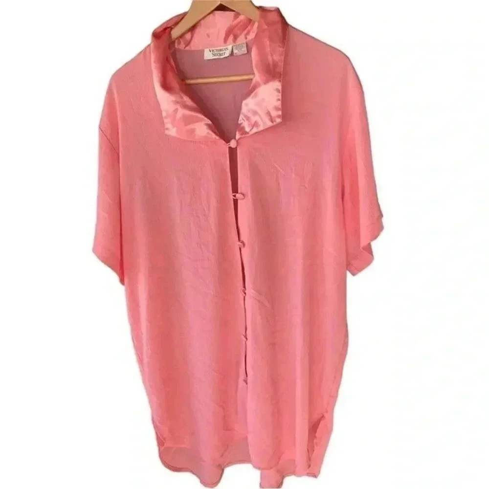 Vintage Victoria Secret Pink Button Up nightgown Small Gold Label
